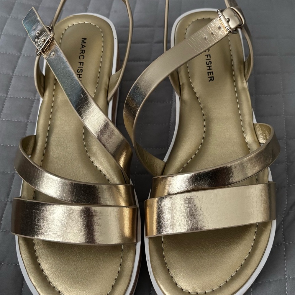 Marc Fisher Gold Sandals with Crisscross Straps